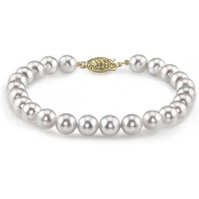 The Pearl Source 14K Gold 5.5-6mm Round White Japanese Akoya Saltwater Cultured Pearl Bracelet for Women