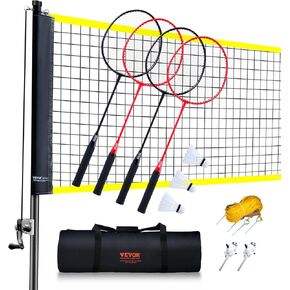 VEVOR Badminton Net Set, Outdoor Backyard Beach Park Badminton Net, Portable Badminton Equipment Set, Adults Kids Badminton Net with Poles, Carrying Bag, 4 Iron Rackets, and 3 Nylon Shuttlecocks