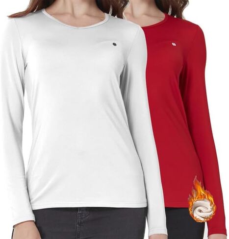 SSLR Women's Thermal Tops, Thermal Underwear for Women Long Sleeve Tee Shirts Basic Layering V Neck Fleece 2-Pack in Kuwait