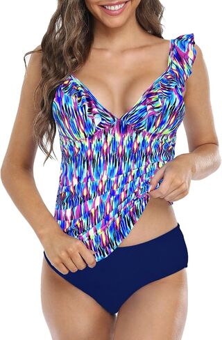 Hilor Women's Tankini Swimsuits Shirred Tummy Control Swimwear Ruffled V Neck Two Piece Bathing Suits in Saudi Arabia