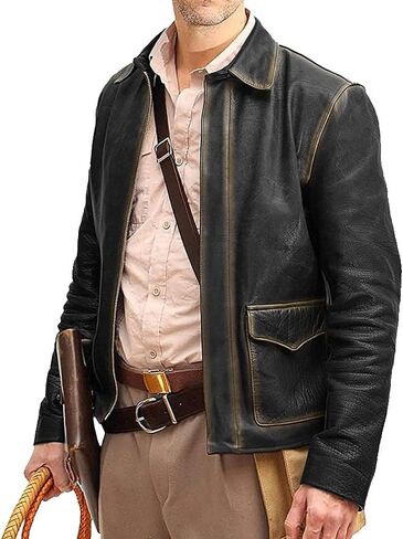 Men's Raiders of The Lost Harrison Jones Vintage Brown Bomber Leather Jacket Genuine Cowhide Distressed Leather Jacket in Saudi Arabia