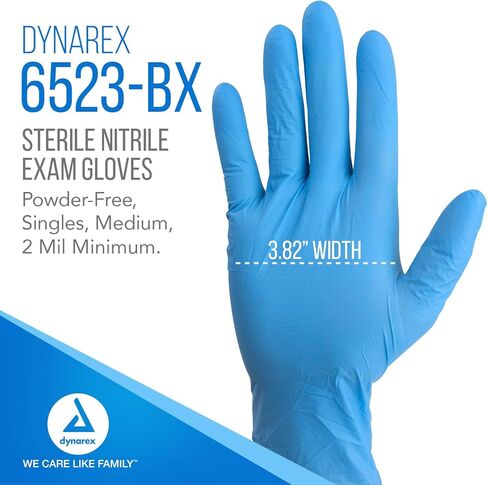 قفازات Dynarex المعقمة للاختبار من النتريل، خالية من المسحوق، مغلفة بشكل فردي معقمة، راحة اليد مزخرفة، أزرق، متوسط، صندوق واحد من 100 in Kuwait