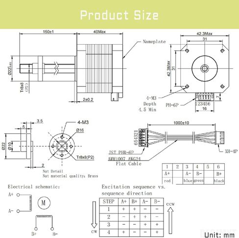 Nema 17 Lead Screw Stepper Motor 5.91in(150mm) T8 1.8 Deg High Step Angle High Torque 0.4Nm/56.64oz.in Bipolar 42x40 Motors 1.7A 2 Phase-4 Lead for 3D Printer CNC Milling Engraving Machine in Saudi Arabia