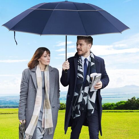 مظلة غولف مقلوبة مقاس 54 بوصة للمطر، مقاومة للرياح أوتوماتيكية 12 ضلع، مظلة مزدوجة بفتحات تهوية عكسية قابلة للطي للسفر، عامل حماية من الأشعة فوق البنفسجية 50+ مظلات كبيرة محمولة مقلوبة عاكسة للضوء in Kuwait