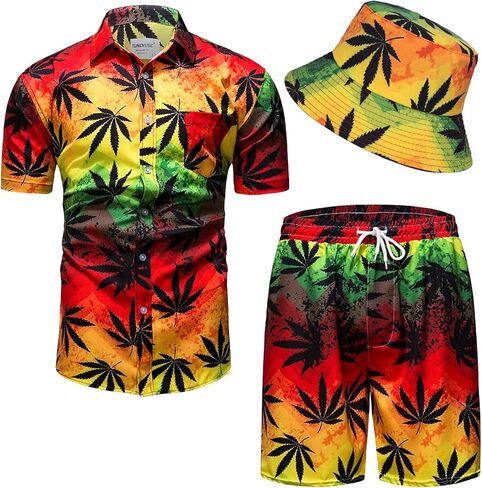 Mens Tropical Outfit Hawaiian Shirts and Shorts Set with Bucket Hats 3 Pieces Flower Print Button Down Beach Suit in Saudi Arabia