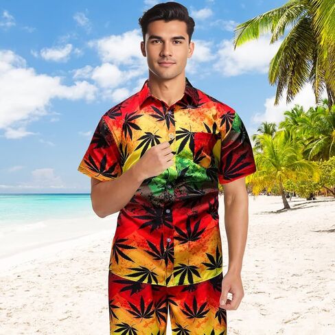 Mens Tropical Outfit Hawaiian Shirts and Shorts Set with Bucket Hats 3 Pieces Flower Print Button Down Beach Suit in Saudi Arabia