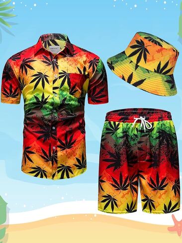 Mens Tropical Outfit Hawaiian Shirts and Shorts Set with Bucket Hats 3 Pieces Flower Print Button Down Beach Suit in Saudi Arabia