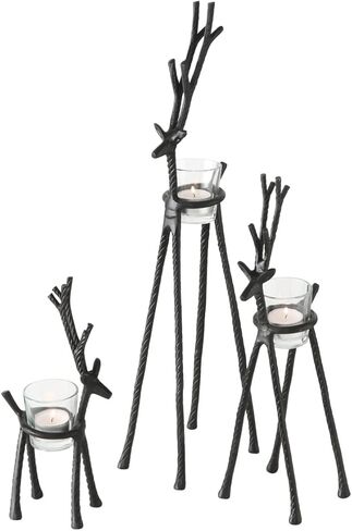 Rustic Reindeer Votive Candle Holders, Set of 3, Handmade, Forged Black Aluminum, Glass Cups, 10.25, 14.25, and 20 Inches in Saudi Arabia
