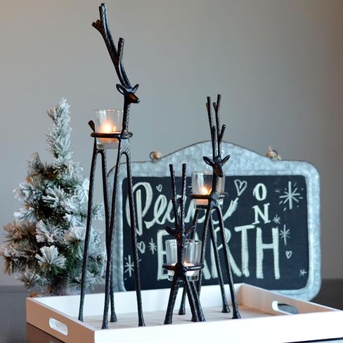 Rustic Reindeer Votive Candle Holders, Set of 3, Handmade, Forged Black Aluminum, Glass Cups, 10.25, 14.25, and 20 Inches in Saudi Arabia