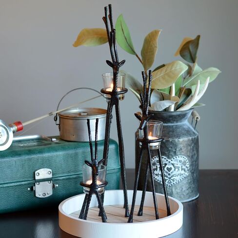 Rustic Reindeer Votive Candle Holders, Set of 3, Handmade, Forged Black Aluminum, Glass Cups, 10.25, 14.25, and 20 Inches in Saudi Arabia