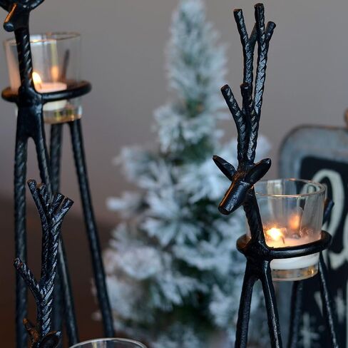 Rustic Reindeer Votive Candle Holders, Set of 3, Handmade, Forged Black Aluminum, Glass Cups, 10.25, 14.25, and 20 Inches in Saudi Arabia