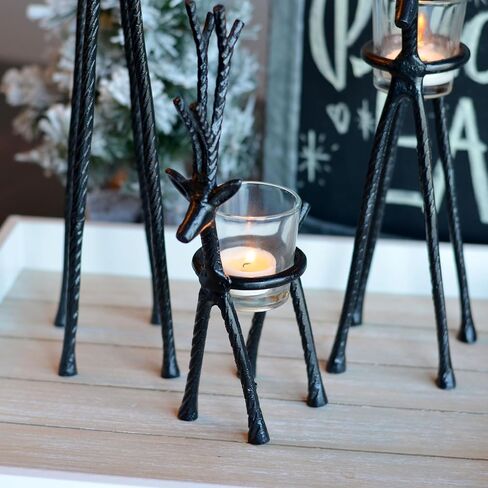 Rustic Reindeer Votive Candle Holders, Set of 3, Handmade, Forged Black Aluminum, Glass Cups, 10.25, 14.25, and 20 Inches in Saudi Arabia