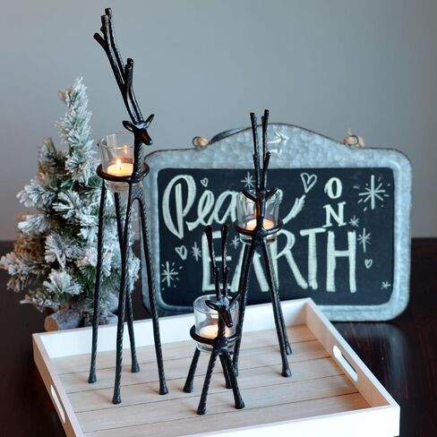 Rustic Reindeer Votive Candle Holders, Set of 3, Handmade, Forged Black Aluminum, Glass Cups, 10.25, 14.25, and 20 Inches in Saudi Arabia