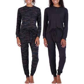 Real Essentials 4 Piece: Women's Long Sleeve Pullover Hoodie Henley Sweatshirt & Jogger Set- Athletic Lounge Sweatsuit