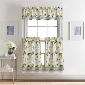 CHF Lemon Kitchen Curtains Tier and Valance Set 3-Piece Small Window Curtain Country Rustic Farmhouse Vintage Light Filtering, 28W x 36L Tier Pair, 56W x 14L Valance, Multi Yellow