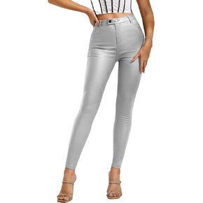 MakeMeChic Women's Faux Leather Stretch Skinny Pants High Waisted Double Button PU Leather Leggings Pants