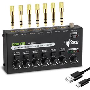 Mini Audio Mixer, 6-Channel Stereo Line Mixer for Precision Sub-Mixing, with Ultra Low-Noise Operation, Independent Microphone Control, 1/4" TRS Input/Output-for Guitars, Bass, Stage Mixer
