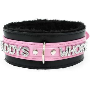 paloli Women Pink Leather Choker Necklace, Punk Gothic Black Fluffy Name Letters Collar Leash Neck Jewelry