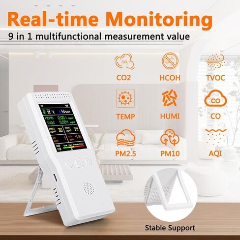 جهاز مراقبة جودة الهواء 9 في 1 داخلي، محمول PM2.5، PM10، AQI، CO2، CO، TVOC، HCHO، كاشف الرطوبة ودرجة الحرارة، مراقبة في الوقت الحقيقي، شاشة كبيرة مع تنبيه صوتي، مجموعات اختبار الهواء المنزلي in Kuwait