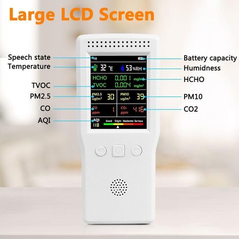 جهاز مراقبة جودة الهواء 9 في 1 داخلي، محمول PM2.5، PM10، AQI، CO2، CO، TVOC، HCHO، كاشف الرطوبة ودرجة الحرارة، مراقبة في الوقت الحقيقي، شاشة كبيرة مع تنبيه صوتي، مجموعات اختبار الهواء المنزلي in Kuwait
