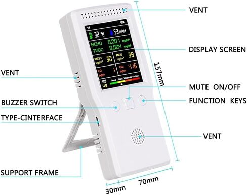 جهاز مراقبة جودة الهواء 9 في 1 داخلي، محمول PM2.5، PM10، AQI، CO2، CO، TVOC، HCHO، كاشف الرطوبة ودرجة الحرارة، مراقبة في الوقت الحقيقي، شاشة كبيرة مع تنبيه صوتي، مجموعات اختبار الهواء المنزلي in Kuwait