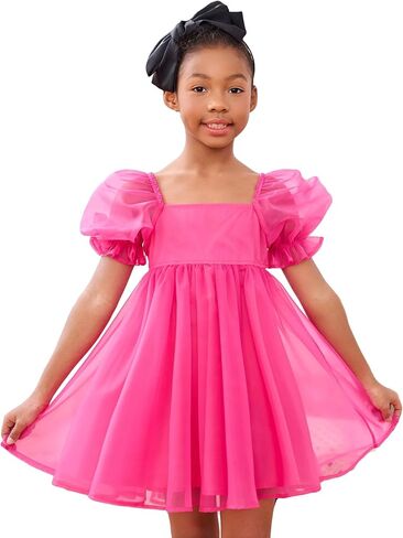 WDIRARA Girl's Mesh Short Puff Sleeve Square Neck High Waist Flared Hem Zipper A Line Dress in Saudi Arabia