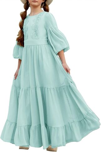Girls Boho Dresses 3/4 Sleeve V-Back Lace Flower Crew Neck Tiered Ruffle Swing Party Maxi Dress in Kuwait