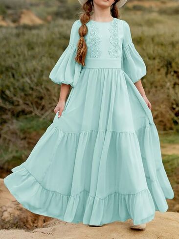 Girls Boho Dresses 3/4 Sleeve V-Back Lace Flower Crew Neck Tiered Ruffle Swing Party Maxi Dress in Kuwait