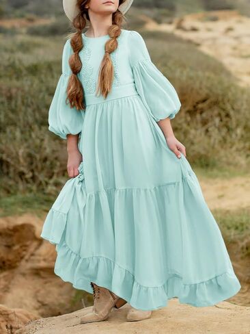 Girls Boho Dresses 3/4 Sleeve V-Back Lace Flower Crew Neck Tiered Ruffle Swing Party Maxi Dress in Kuwait