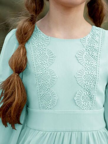 Girls Boho Dresses 3/4 Sleeve V-Back Lace Flower Crew Neck Tiered Ruffle Swing Party Maxi Dress in Kuwait