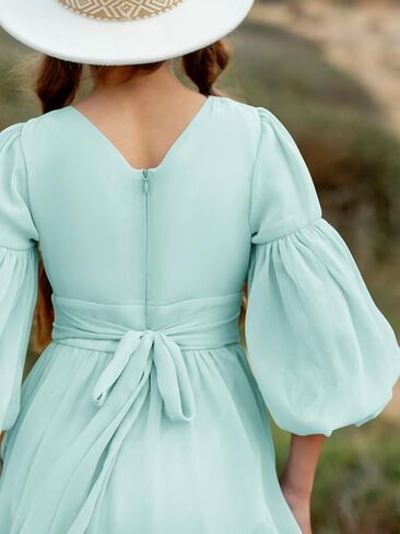 Girls Boho Dresses 3/4 Sleeve V-Back Lace Flower Crew Neck Tiered Ruffle Swing Party Maxi Dress in Kuwait