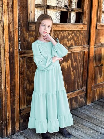 Girls Boho Dresses 3/4 Sleeve V-Back Lace Flower Crew Neck Tiered Ruffle Swing Party Maxi Dress in Kuwait