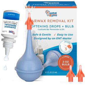 WaxBgone Earwax Removal Kit with Drops, Large 2-oz Ear Bulb Syringe & 3 SoftSpray Tips - Safe & Effective Ear Cleaning Kit - Wax Softening Formula Dissolves Earwax with Gentle Foaming Action - 0.5 Oz