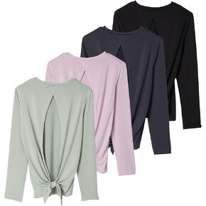 Real Essentials 4 Pack: Women's Dry-Fit Long-Sleeve Tie Back Open Back Athletic Workout T-Shirt (Available in Plus Size)