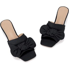 Coutgo Womens Bow Slides Sandals Square Open toe Chunky Low Heel Summer Elegant Slip On Shoes in Kuwait