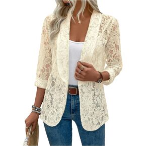 WDIRARA Women's Lace Open Front Long Sleeve Sheer Elegant Casual Blazer Jacket