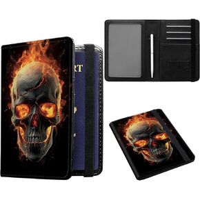 JANENFNA Passport and Vaccine Card Holder, Travel Wallet RFID Blocking PU Leather Case Cover with Vaccine Card Protector Slot with Pen, for Women and Men, Colorful Skulls