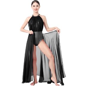 IBAKOM Women Lyrical Dance Costume Two Piece Sleeveless Lace Ballet Leotard Long Sling Wrap Tulle Mesh Sheer Skirt