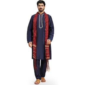 SKAVIJ Men's Art Silk Ethnic Kurta Pajama and Scarf Suit Festivals Season Party Dress Set