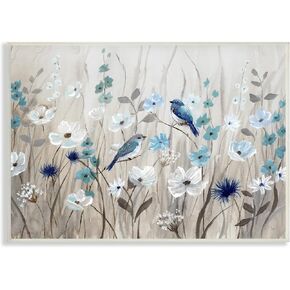 Stupell Industries Birds Floral Meadow Blue White Blossoms, Design by Nan