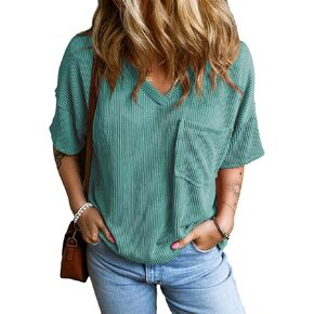 EVALESS Womens Fashion Short Sleeve Shirts Oversized Knitted Tops Sexy V Neck Blouses for Women Loose Casual in Kuwait