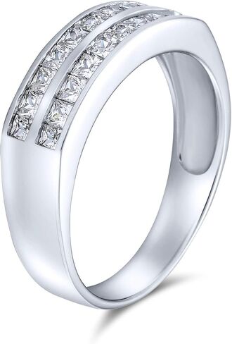 Art Deco Pink Blue Clear AAA Cubic Zirconia Half Eternity Channel Set Princess Cut CZ Dome 3 Row Wide Statement Wedding Band Ring For Women .925 Sterling Silver Comfort Fit 8MM in Saudi Arabia