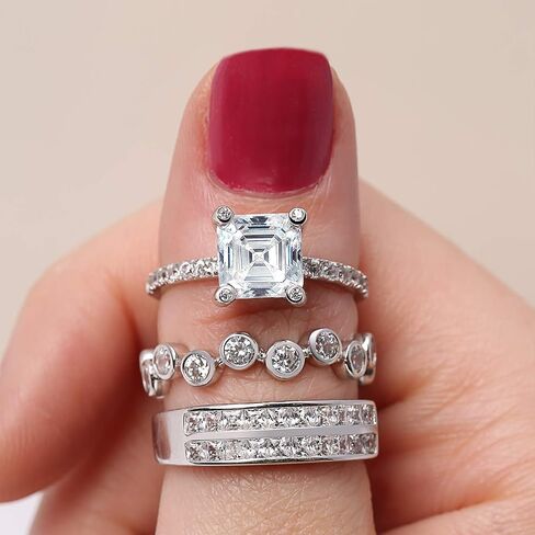 Art Deco Pink Blue Clear AAA Cubic Zirconia Half Eternity Channel Set Princess Cut CZ Dome 3 Row Wide Statement Wedding Band Ring For Women .925 Sterling Silver Comfort Fit 8MM in Saudi Arabia