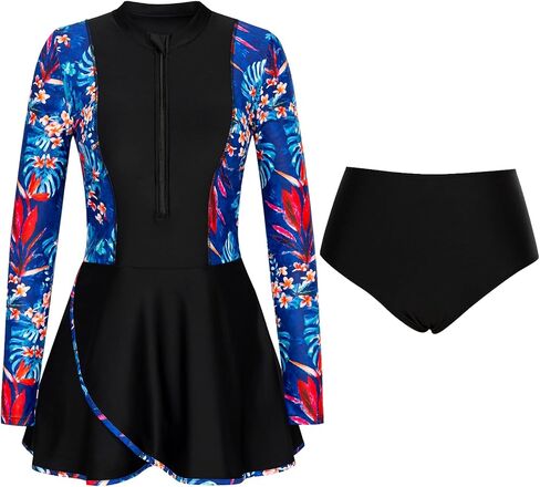 JASAMBAC Womens 2pcs Rash Guard Long Sleeve Swimskirt Tummy Control Bathing Suits Zip Up UPF 50+ Swim Shirt Built in Bra in Saudi Arabia