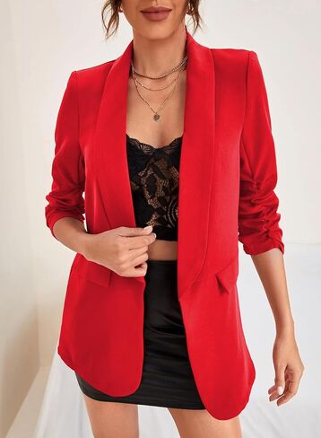 Happy Sailed Womens 3/4 Ruched Sleeve Blazer 2024 Trendy Open Front Work Office Suit Jackets Casual Business Outfits in Saudi Arabia