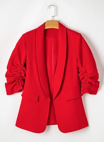 Happy Sailed Womens 3/4 Ruched Sleeve Blazer 2024 Trendy Open Front Work Office Suit Jackets Casual Business Outfits in Saudi Arabia
