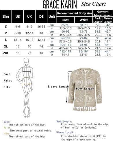 GRACE KARIN Women Fringed Cardigan 2024 Boho Hollowed Out Crochet Knit Shrug 3/4 Sleeve V-Neck Cardigan Top with Button in Kuwait