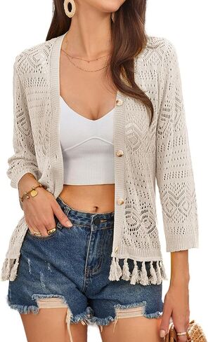 GRACE KARIN Women Fringed Cardigan 2024 Boho Hollowed Out Crochet Knit Shrug 3/4 Sleeve V-Neck Cardigan Top with Button in Kuwait