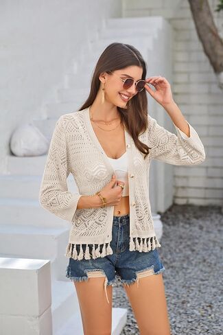 GRACE KARIN Women Fringed Cardigan 2024 Boho Hollowed Out Crochet Knit Shrug 3/4 Sleeve V-Neck Cardigan Top with Button in Kuwait