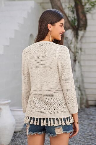 GRACE KARIN Women Fringed Cardigan 2024 Boho Hollowed Out Crochet Knit Shrug 3/4 Sleeve V-Neck Cardigan Top with Button in Kuwait